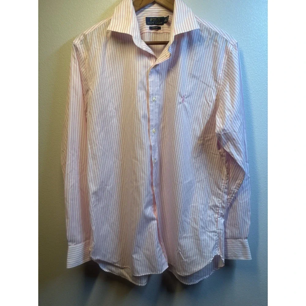 Ralph Lauren Men's 16 Pink‎ White Pinstripe Pony Long Sleeve Classic Fit 34/35